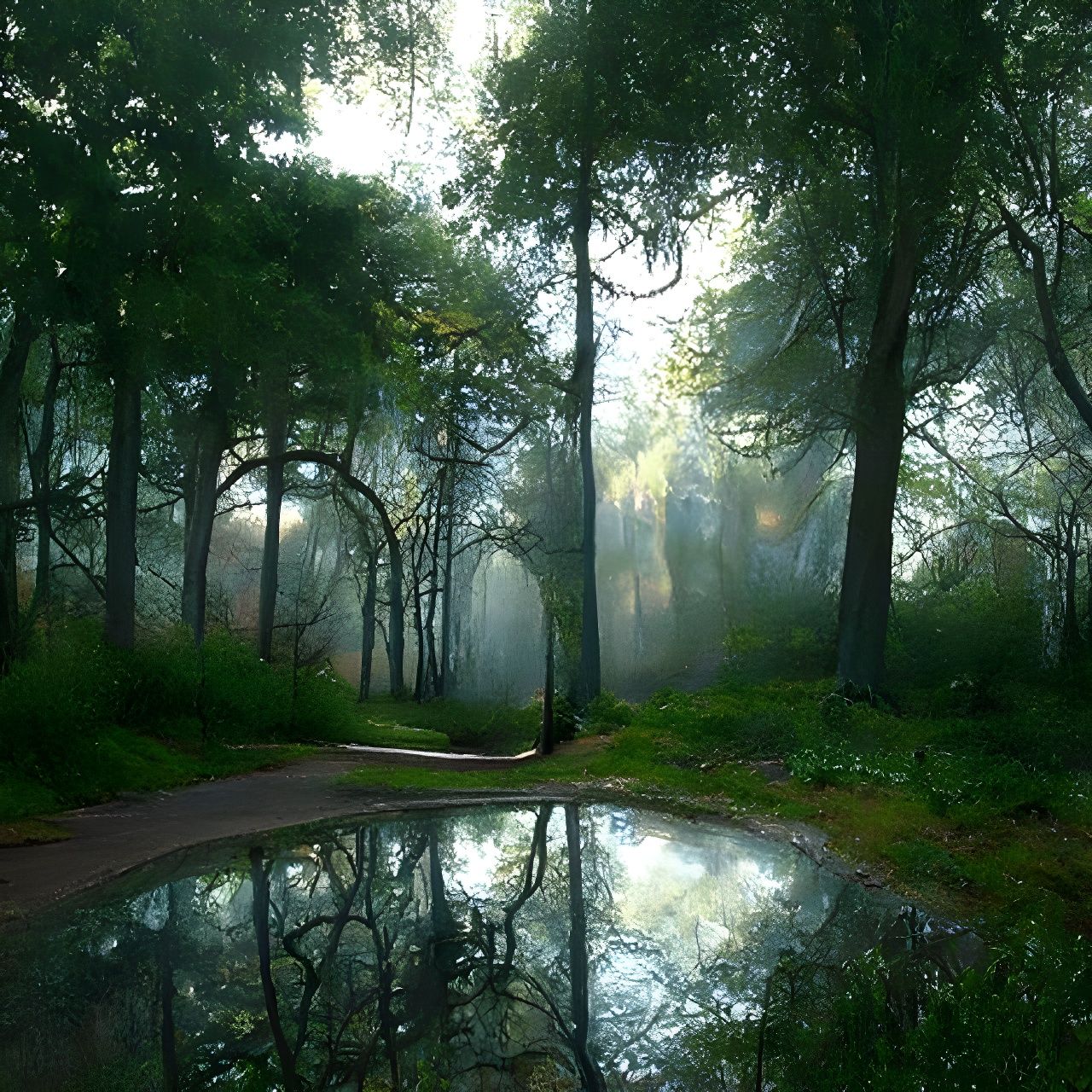 Misty Forest Path with Reflections