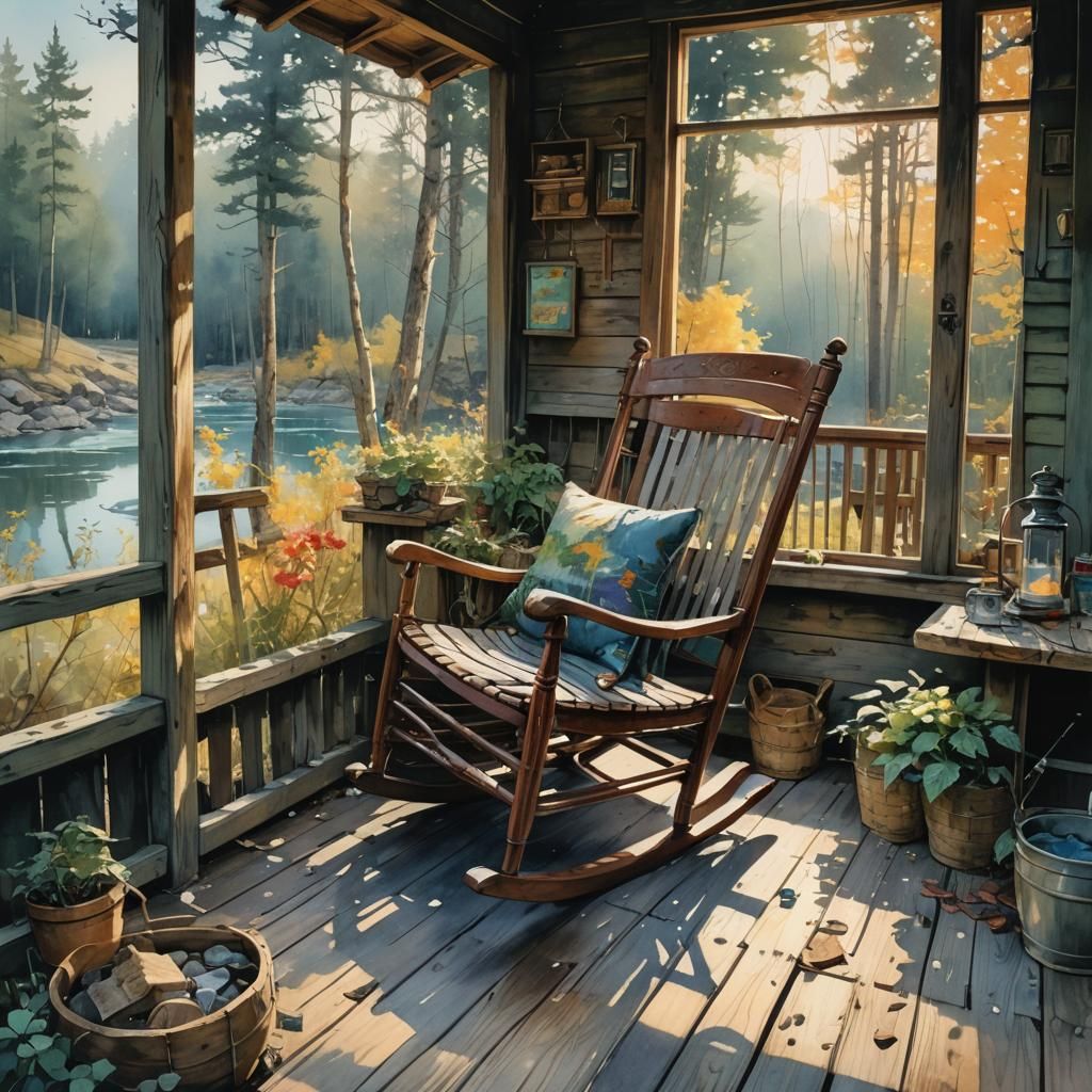 Cabin Porch Rocking Chair: Watercolor Masterpiece