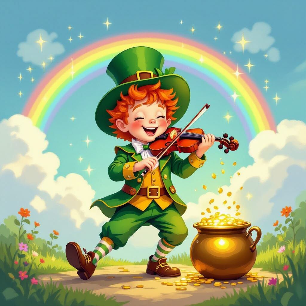 Leprechaun Boy Dancing with Pot of Gold and Rainbow