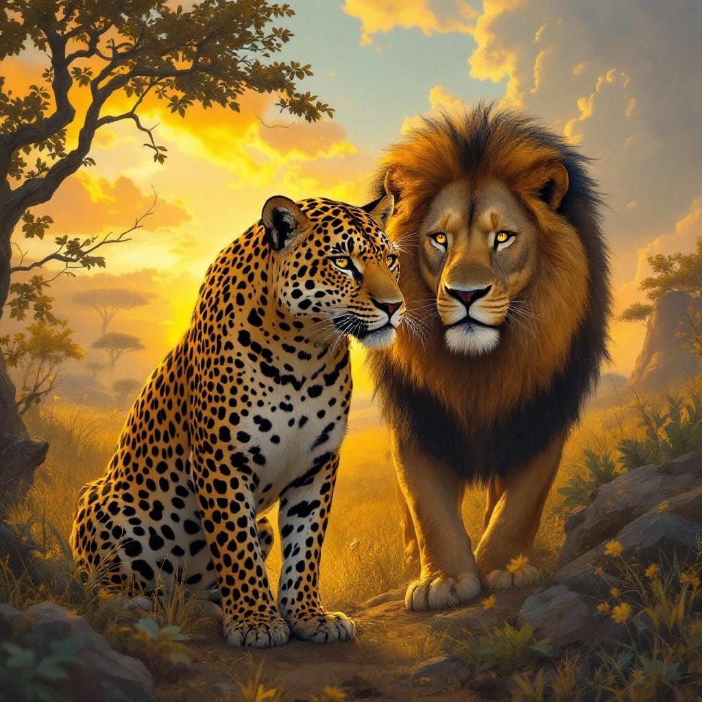 Majestic Jaguar and Lion in Golden Savannah Light