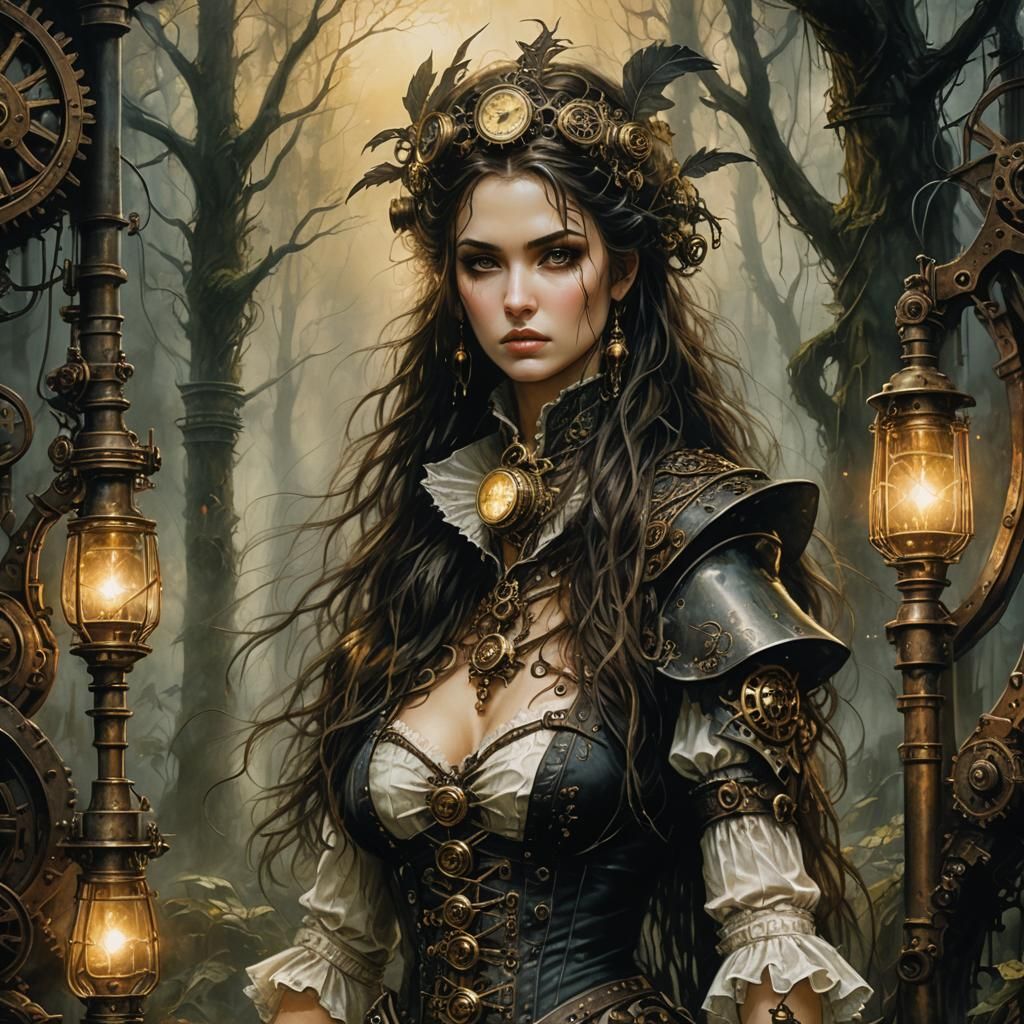 Morgana Kaine in Steampunk Forest, Oil Painting Style
