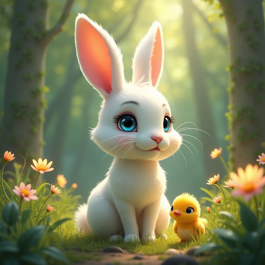 Enchanted Forest Scene with Gentle Rabbit and Curious Chick