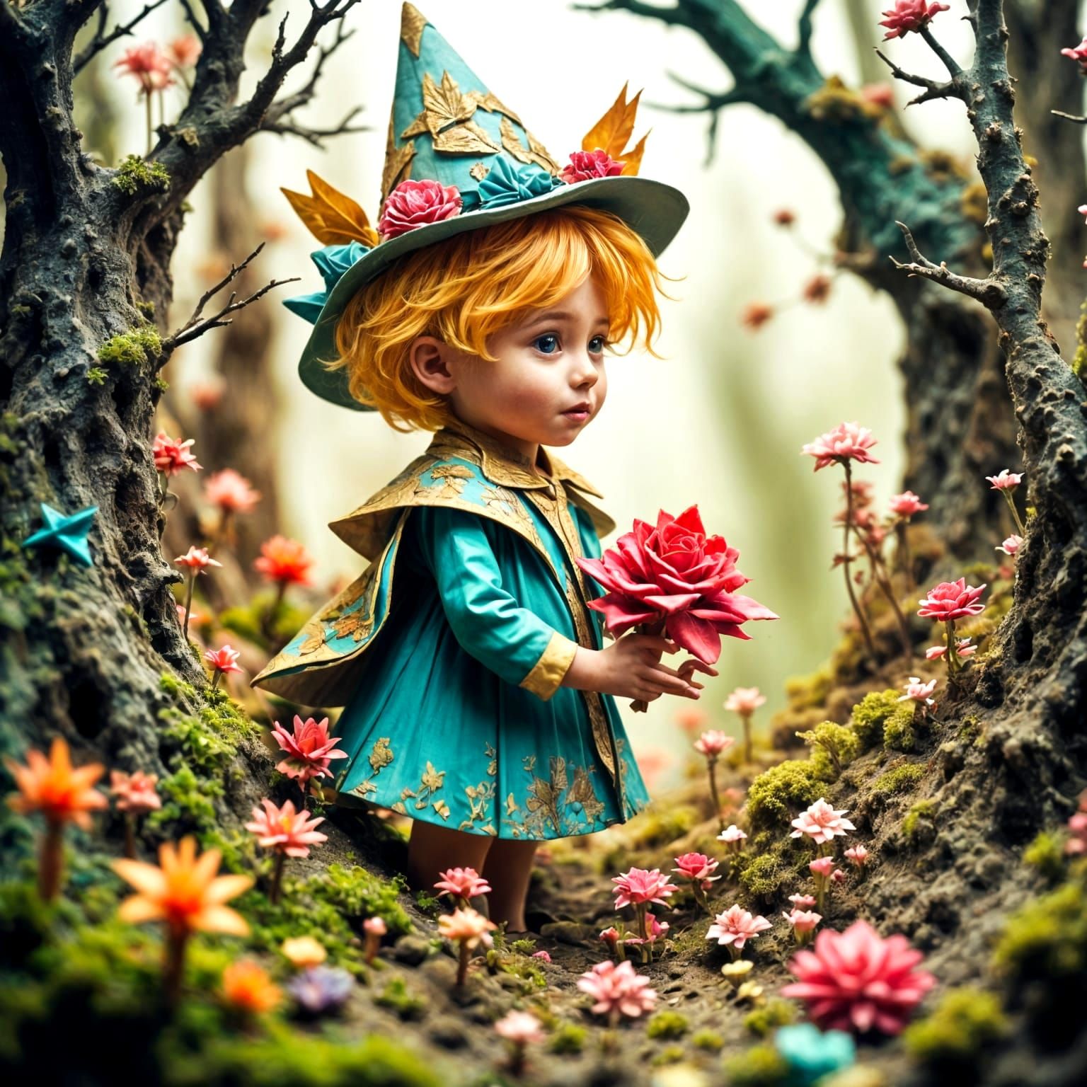 Whimsical Little Prince with Red Rose in Origami Style