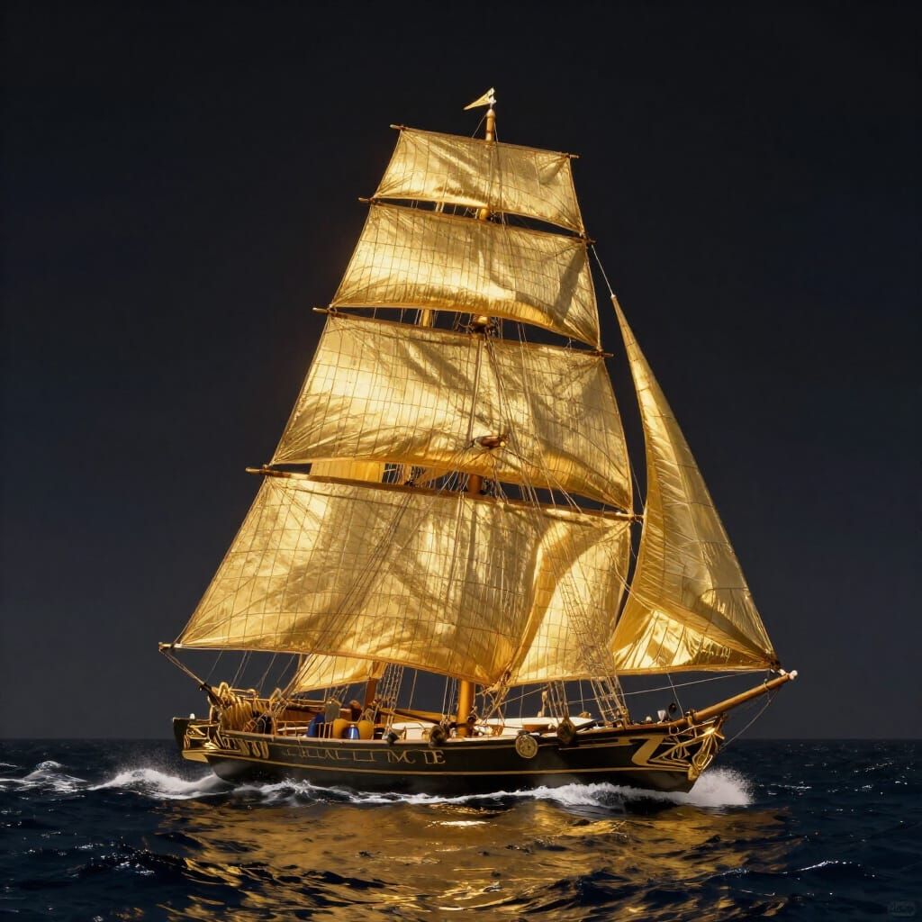 Golden Promise Ship Sailing Towards a Radiant Horizon