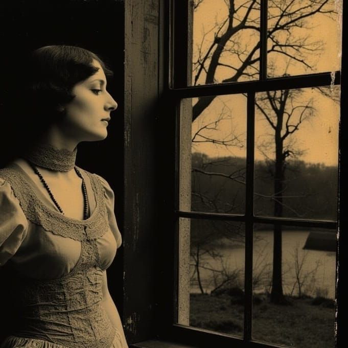 Woman Standing by a Window in Vibrant Autochrome Style