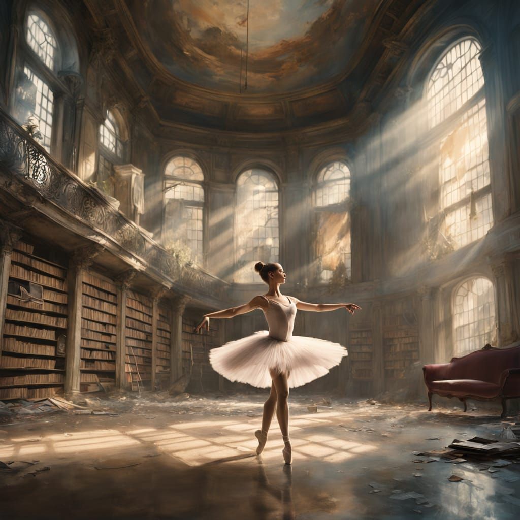 Ballerina Pirouettes in Overgrown Library, Painterly Style