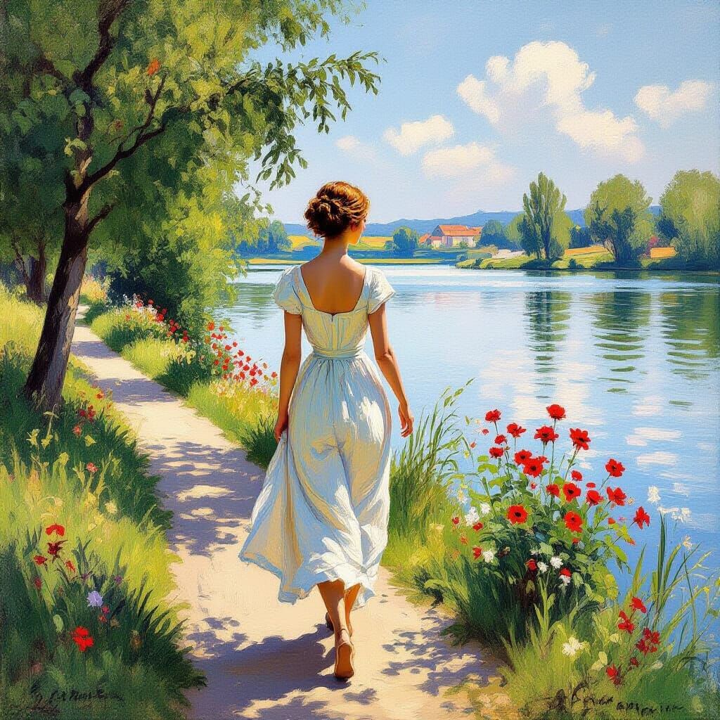 Woman in Sundress: Impressionistic Lakeside Stroll