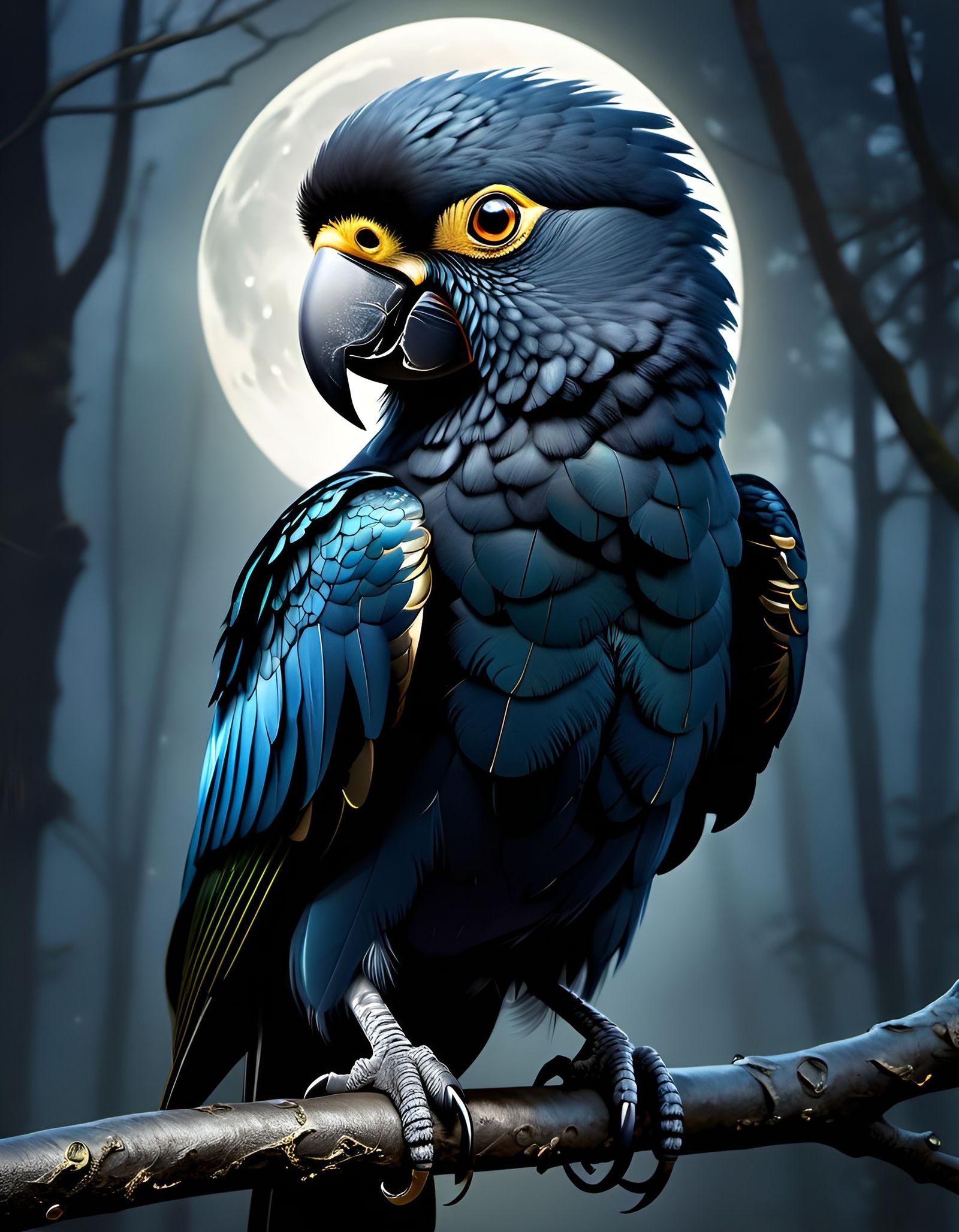 Moonlit Chibi Parrot-Magpie Hybrid in Digital Illustration