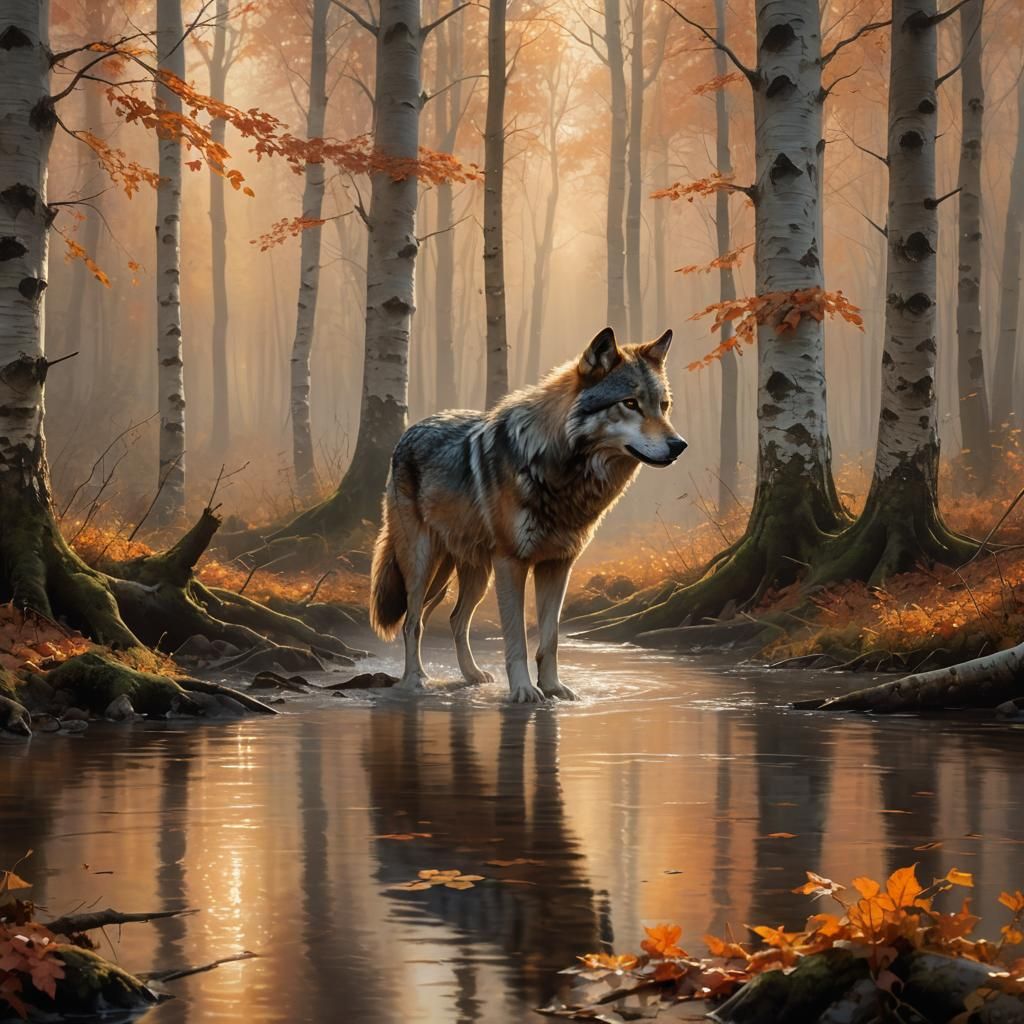 Wolf in Misty Autumn Forest, Kinkade Style