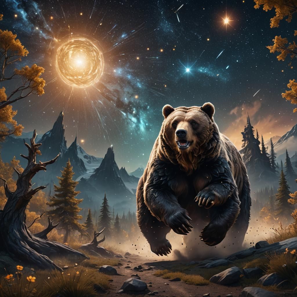 Mythical Bear Running in Starry Sky