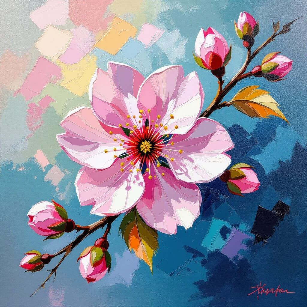 Sakura Cherry Blossom Extreme Close-Up in Oil Painting Style