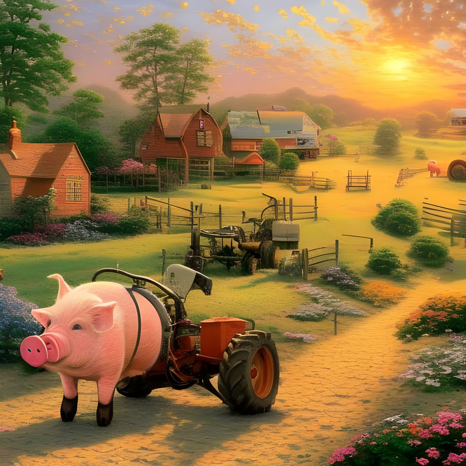 Pig Farmer Driving Tractor at Sunset in Pastoral Style