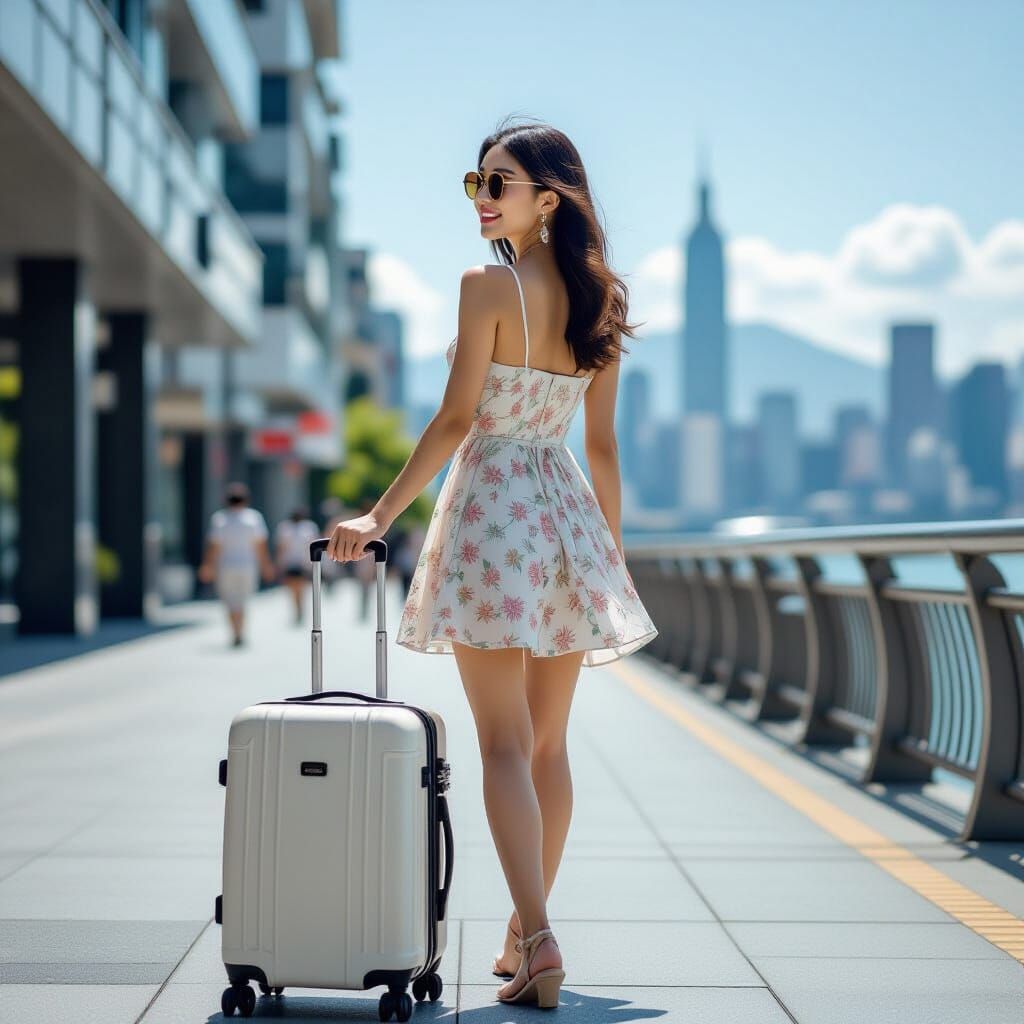 East Asian Model Walks Smiling on Taipei Sidewalk