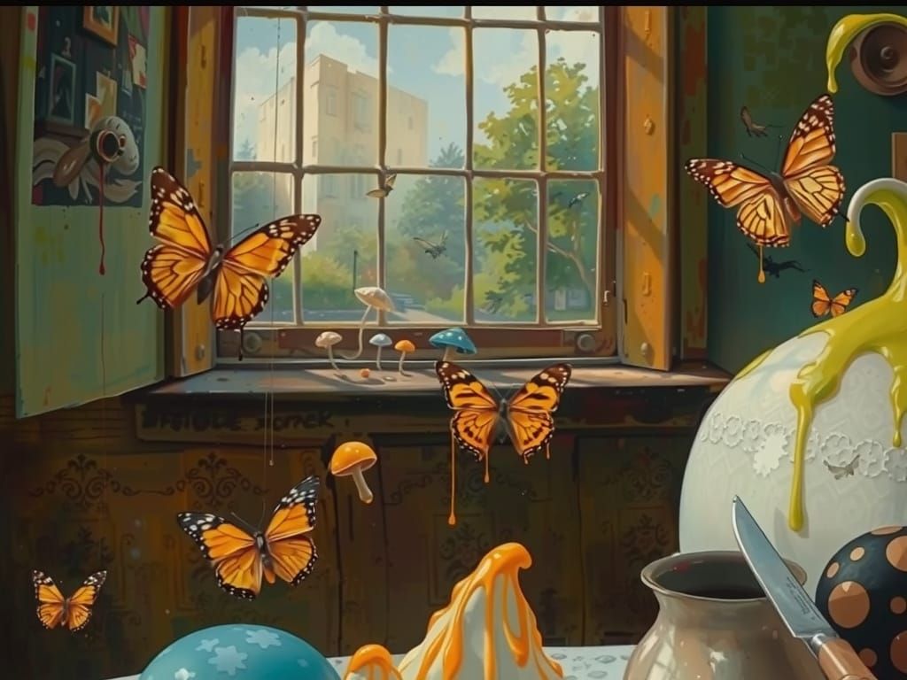 Surreal Window View with Shadowy Figure