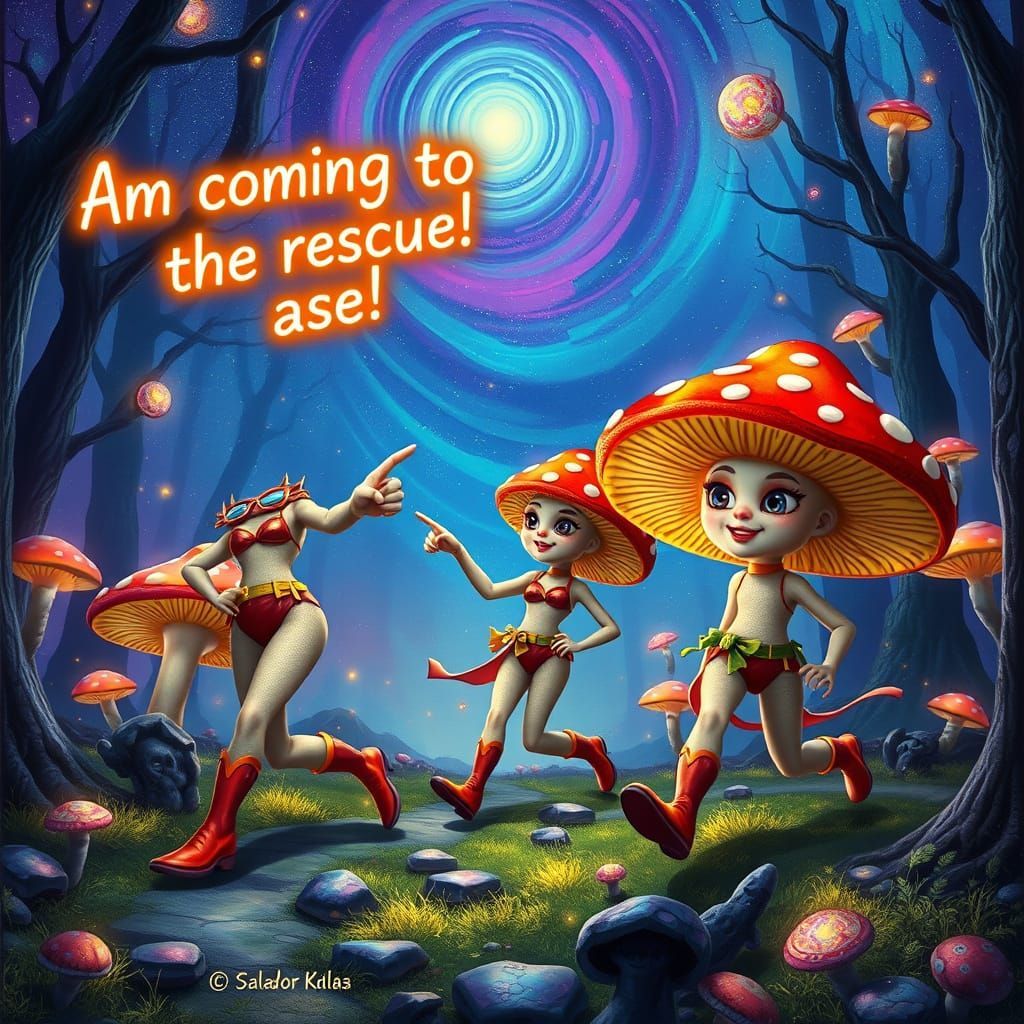 Superhero Mushrooms in Surreal Cosmic Forest