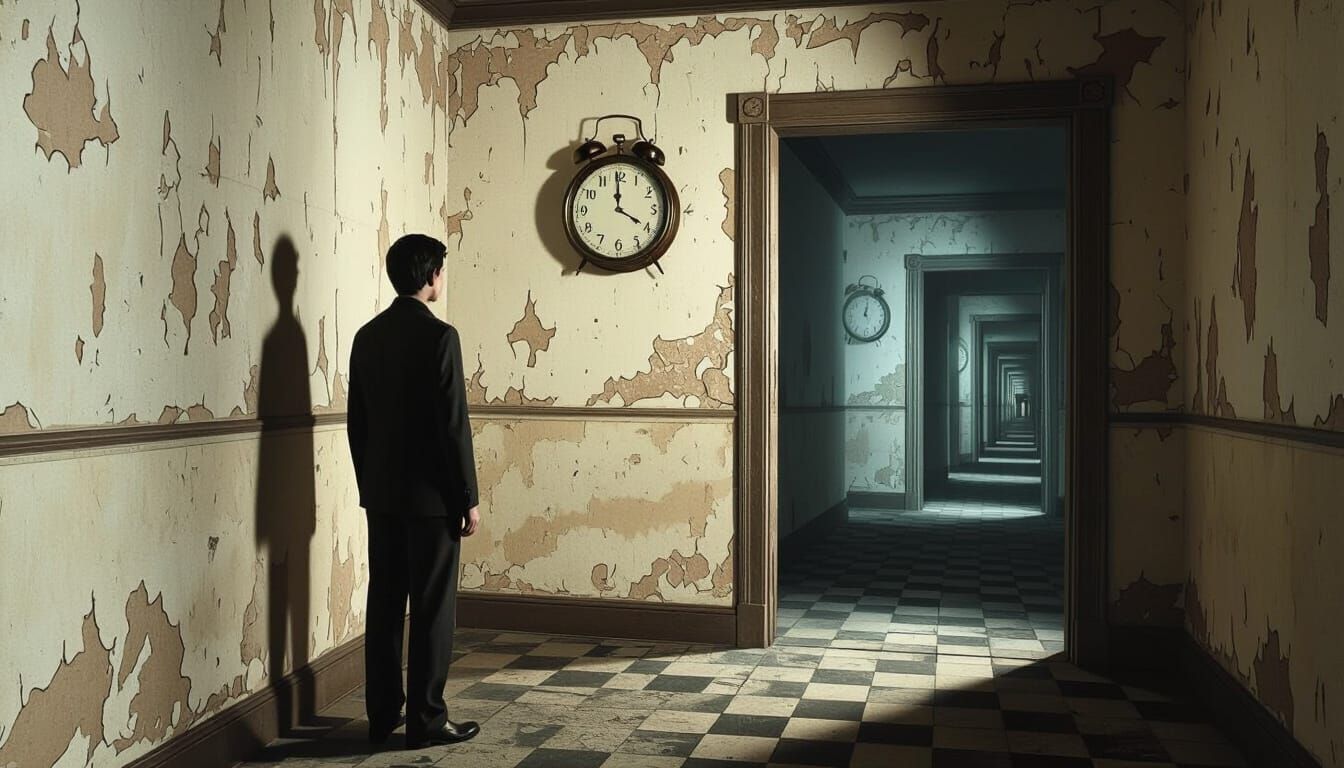 Eerie Time Loop: Surreal Room with Frozen Clock