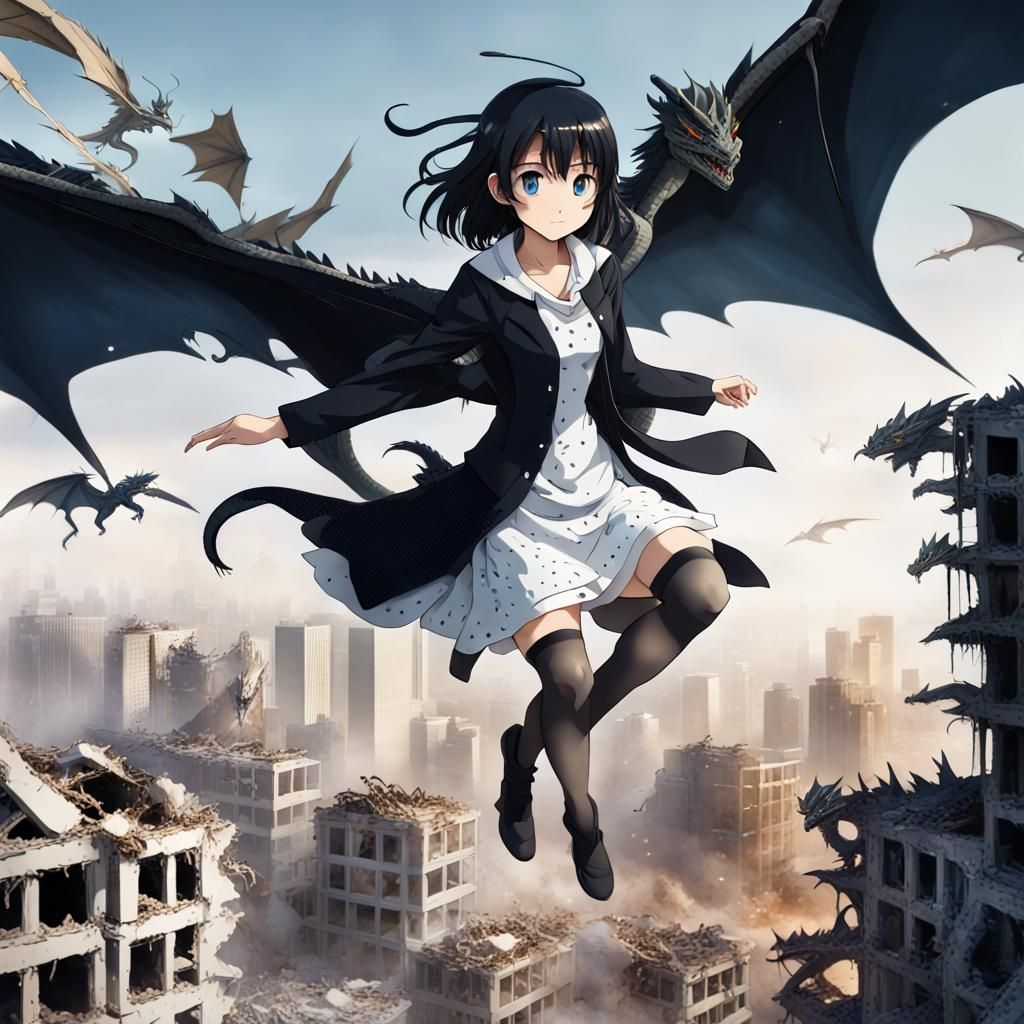 Anime Girl Soaring Above Destroyed City