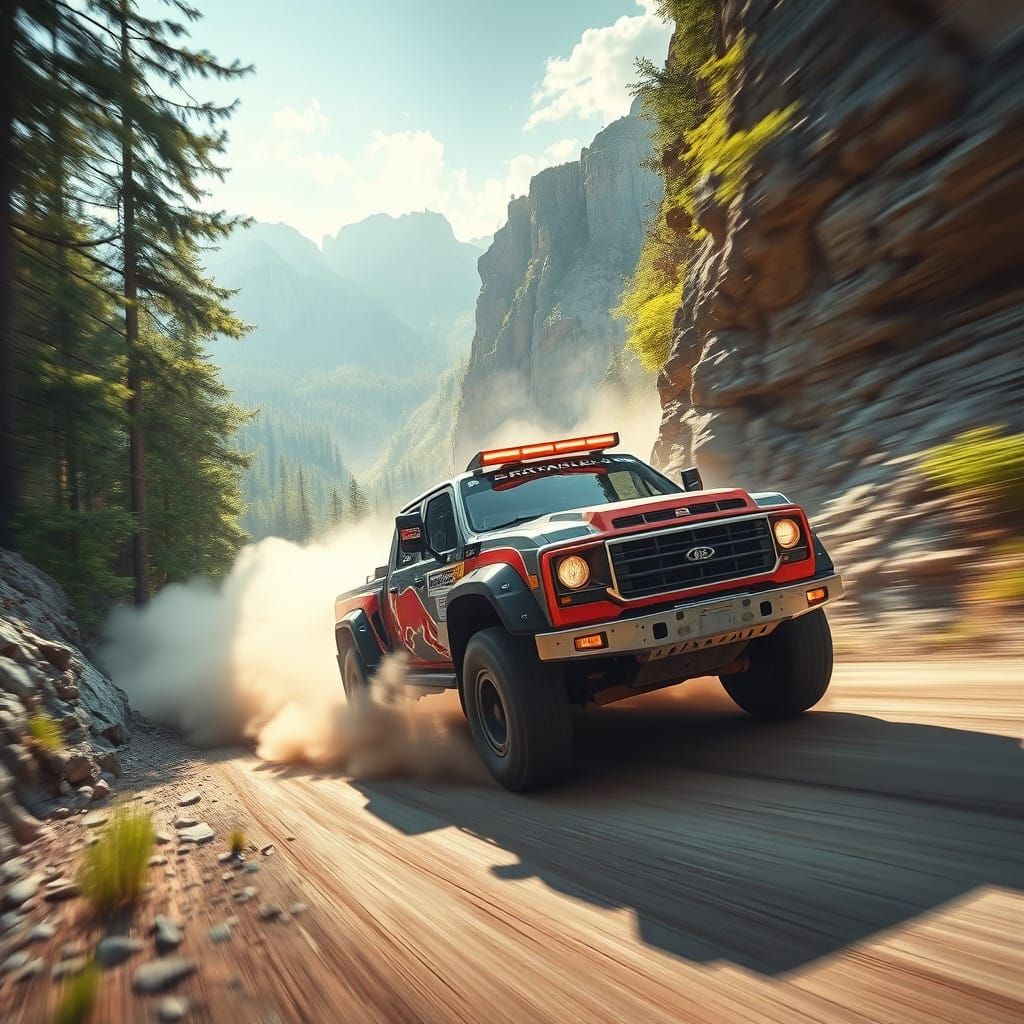 Futuristic Rally Truck Speeds Down Mountain Road in Vibrant...