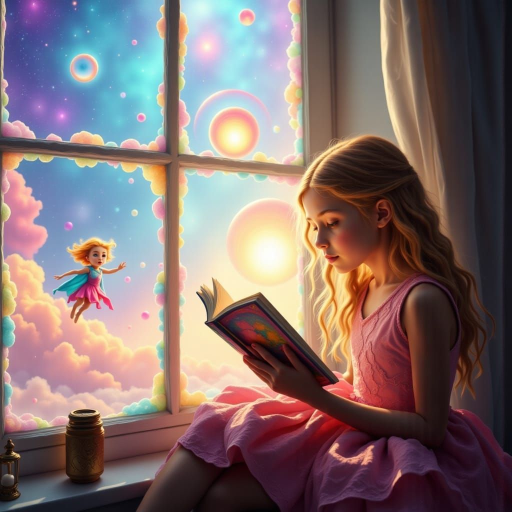 Girl Reading by Window with Flying Supergirl