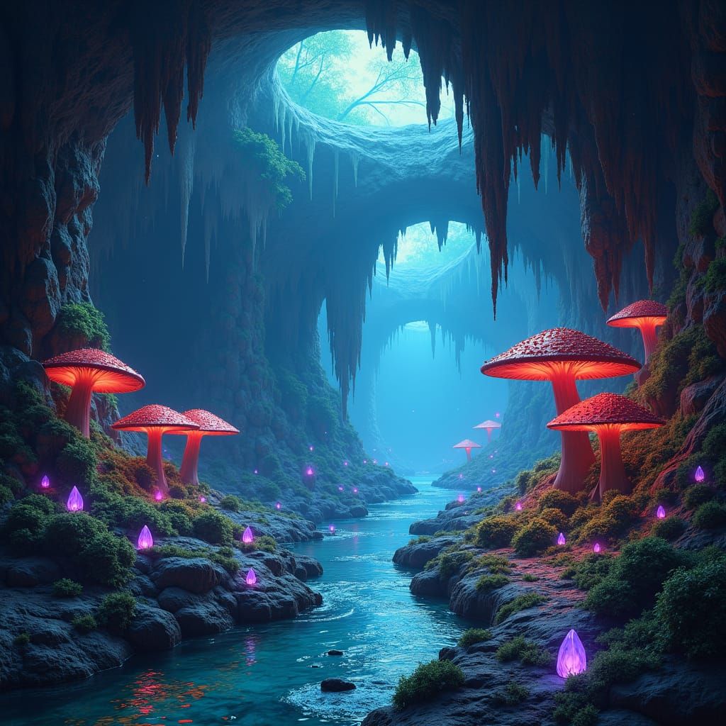 Bioluminescent Underground Cavern with Giant Mushrooms