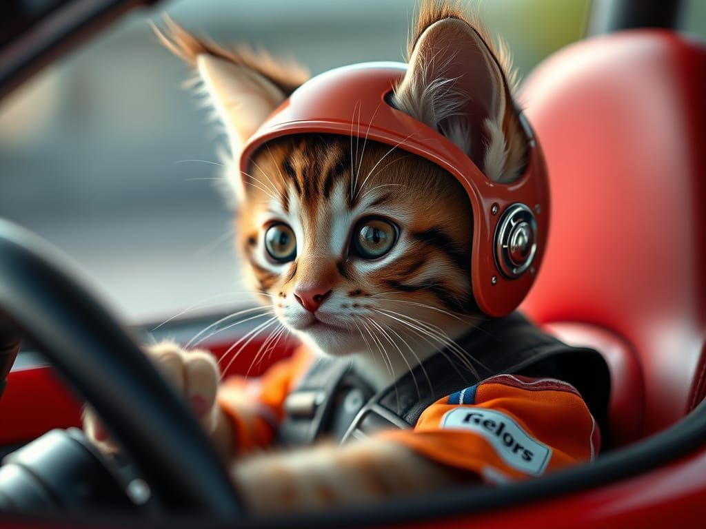 Anthropomorphic Kitten Race Car Driver: Professional Photo