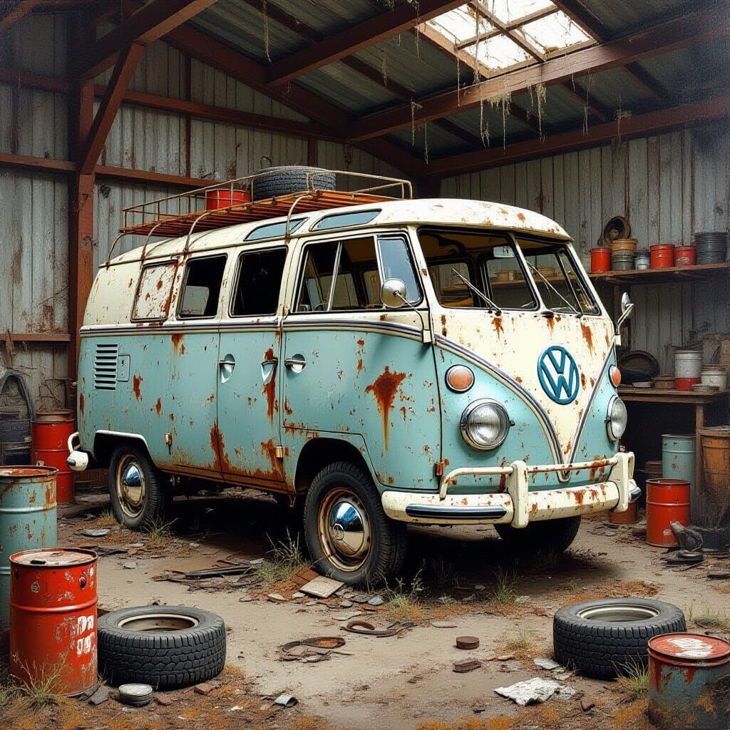 Rusty VW Camper Van in Abandoned Workshop Oil Painting