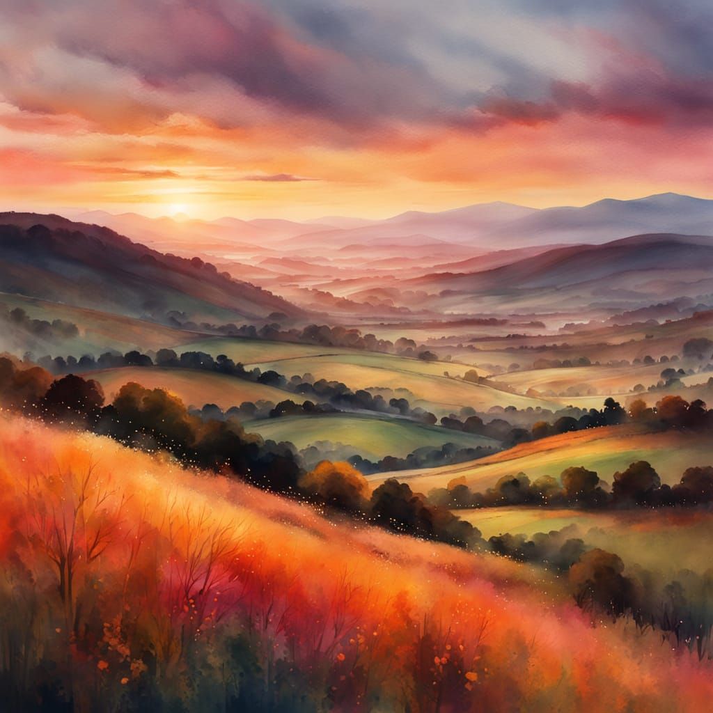 Watercolor Sunset Over Hills in Soft Warm Light