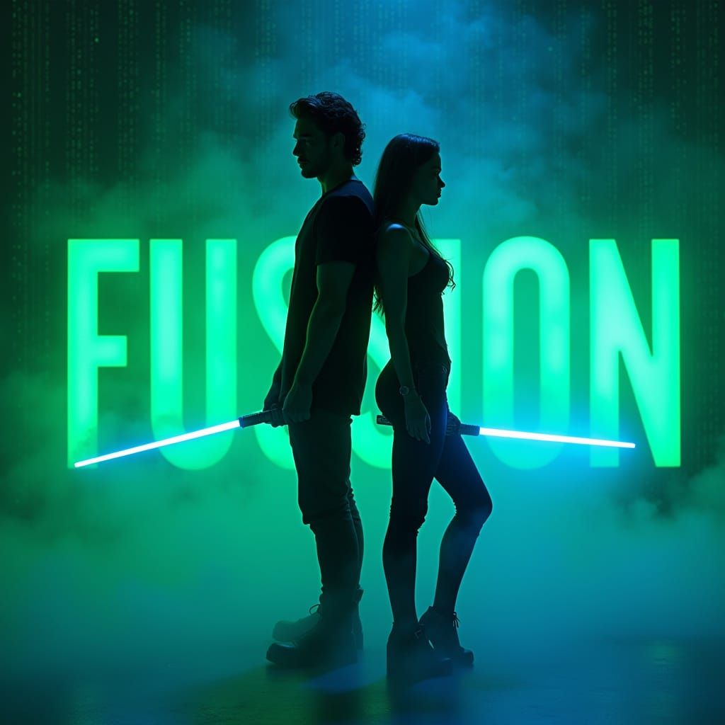 Futuristic 'FUSSION 2.0' Image with Neon and Silhouettes
