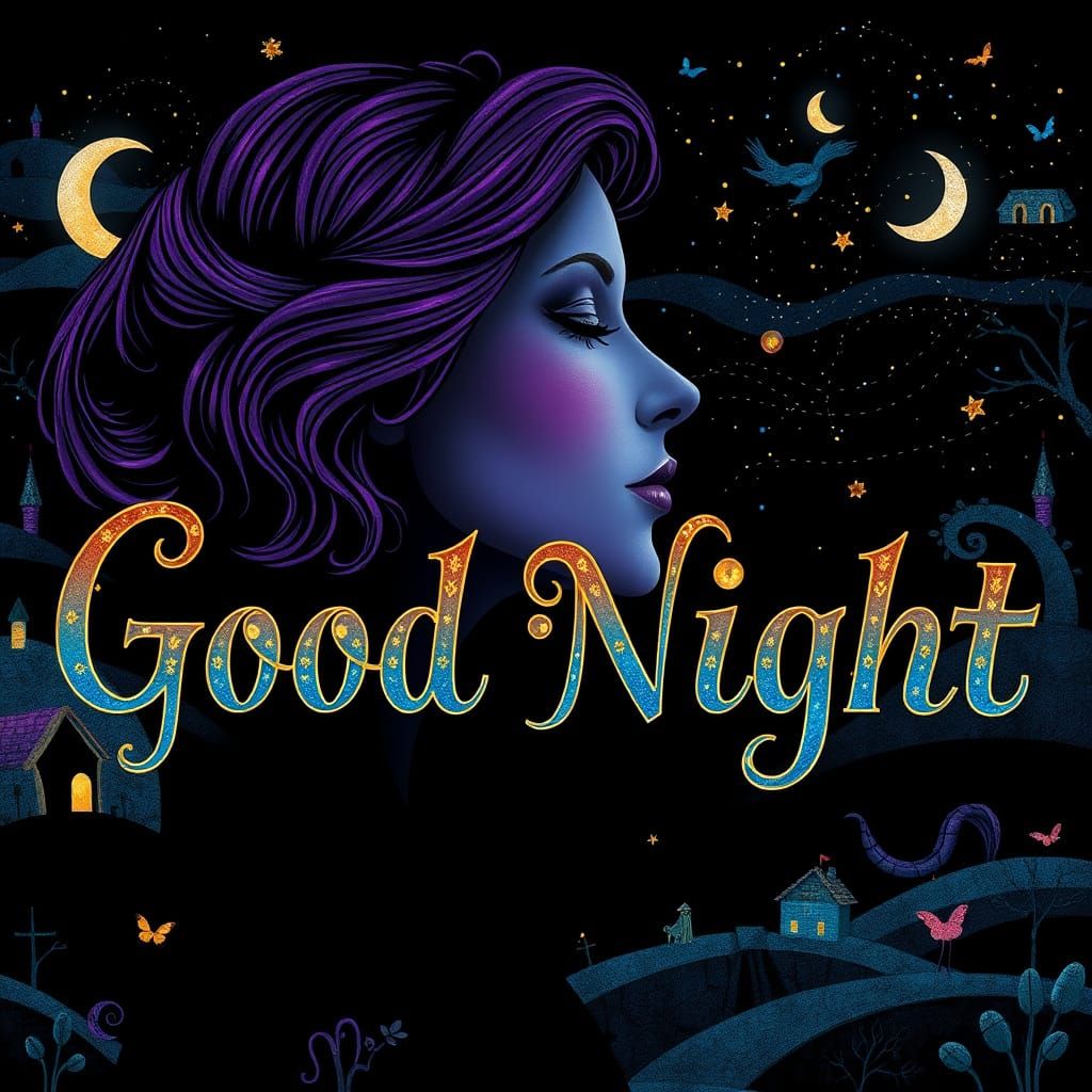 Metallic 'Good Night' in a Whimsical Landscape