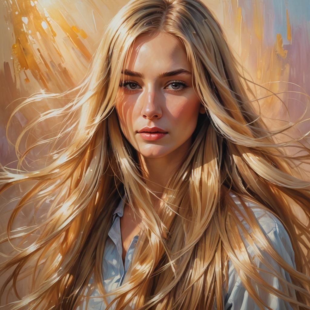 oil painting - beautiful girl lovely long blonde hair