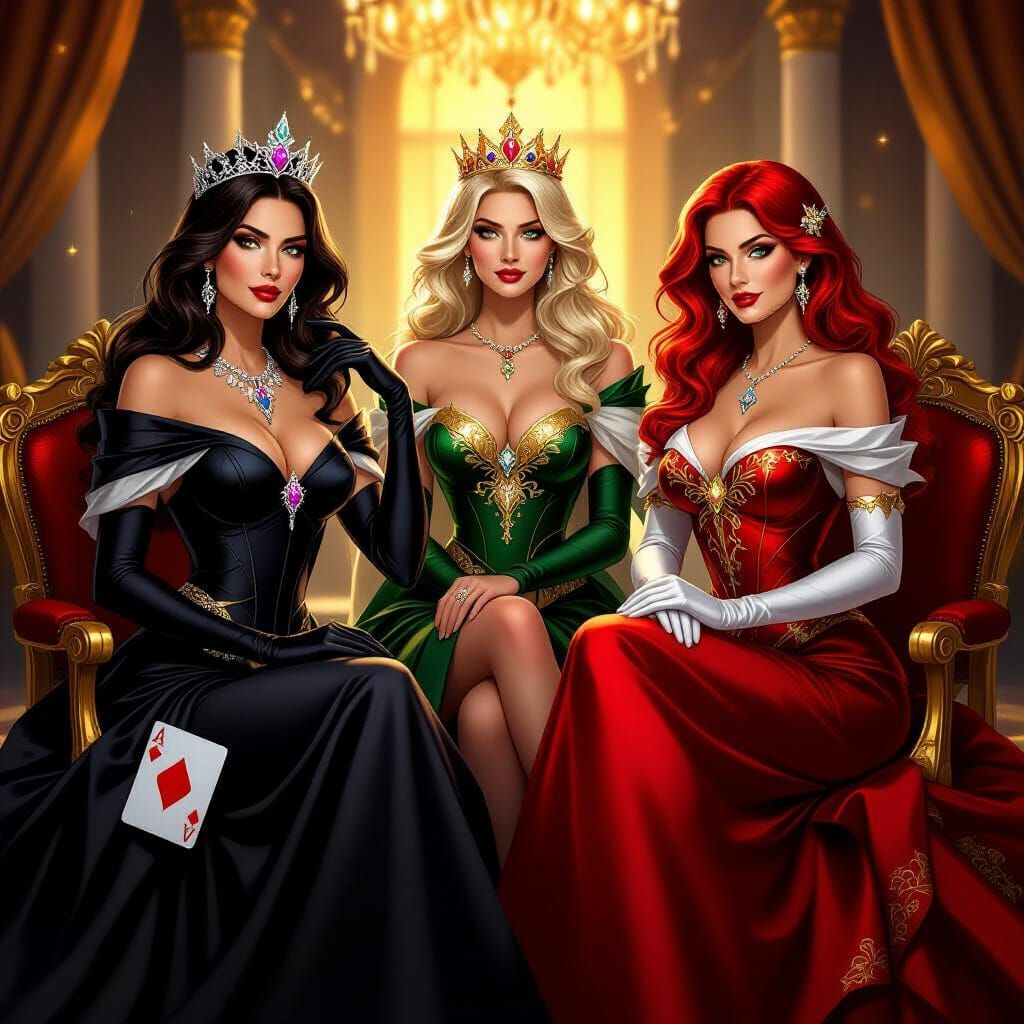 Four Goddesses as Royal Card Queens in Baroque Ballroom