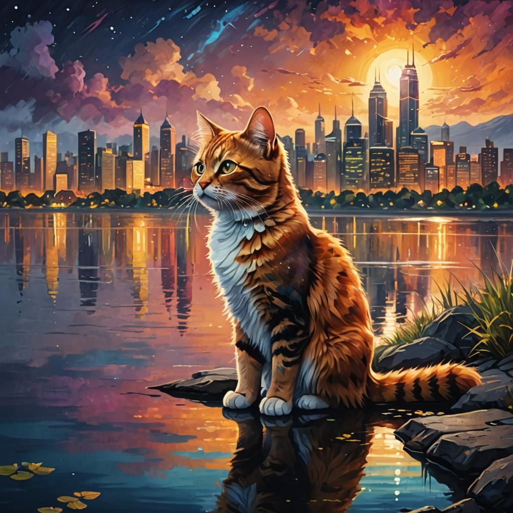 Cat Overlooks City Skyline at Night in Oil Painting