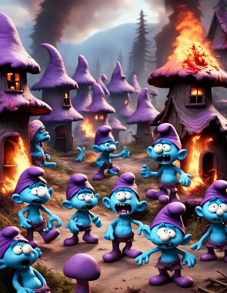 Zombie Smurfs Invade Burning Smurf Village