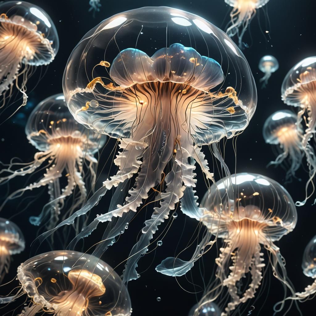 Glass Jellyfish with Glowing Details in Anime Style