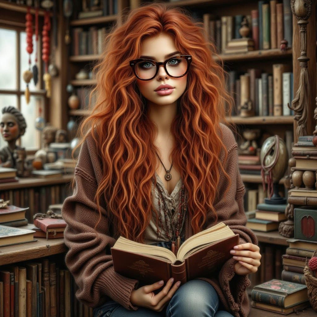 Red-Haired Woman Reading in Bookstore, Hyperreal 3D Style