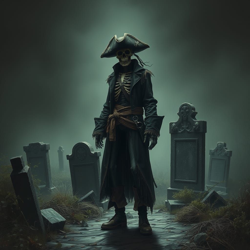 Skeletal Pirate Haunts a Forgotten Graveyard in Dramatic Sha...