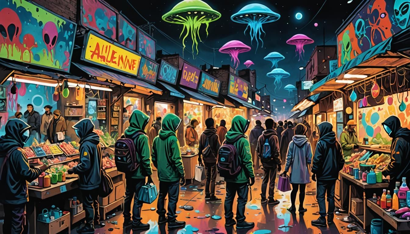 Bustling Alien Marketplace in Colorful Graffiti Art