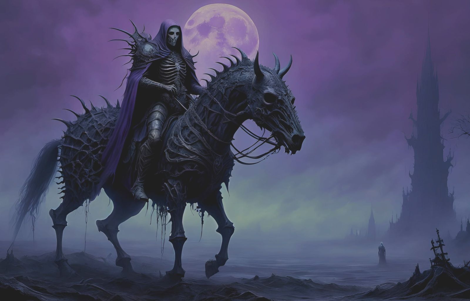 Spectral Knight Rides Skeletal Steed on Foggy Battlefield