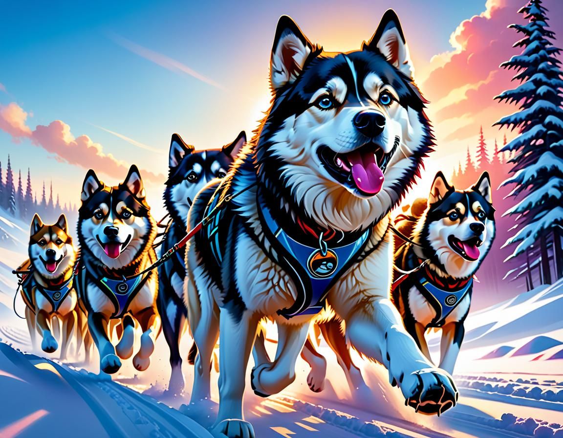 Hyperrealistic Dog Sled Team in Winter Landscape