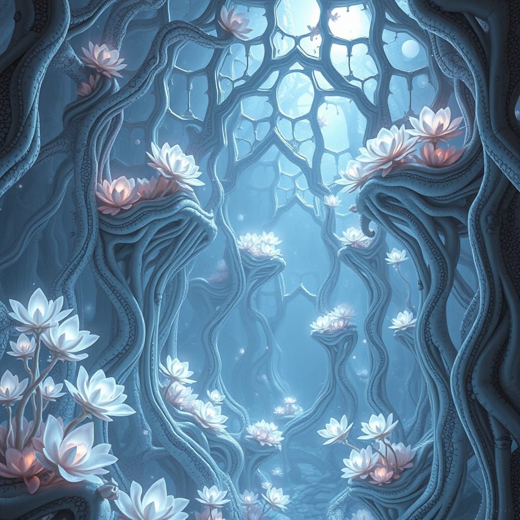 Pearlescent Biomechanical Forest in Cosmic Light