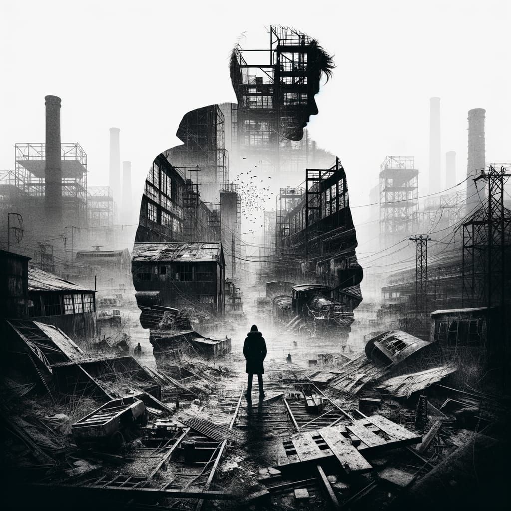 Monochromatic Urban Decay: Ghostly Silhouette in Abandoned W...