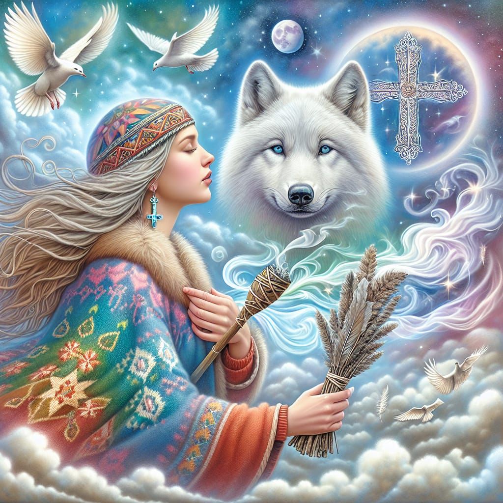 Scandinavian Woman Praying with Wolf in Romantic Style