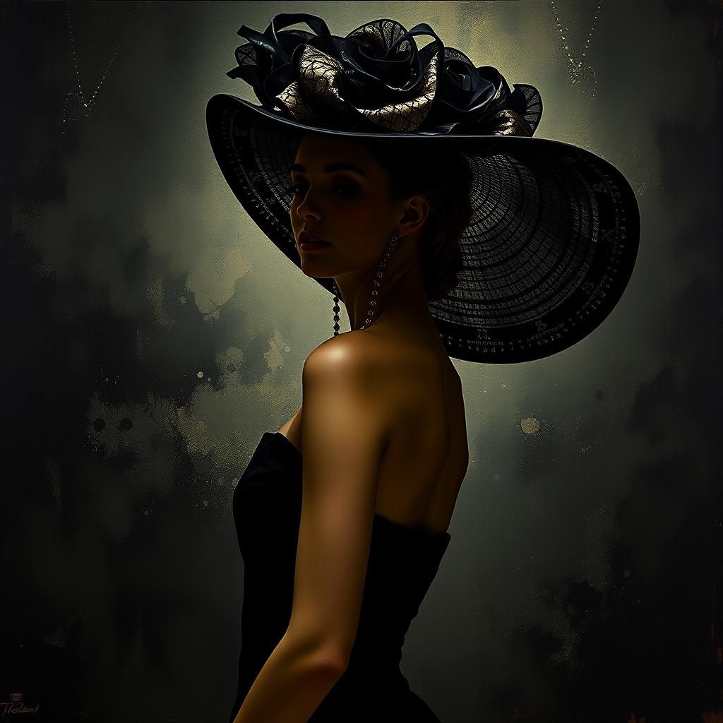 Elegant Woman in Black Dress, Fauvist Art Nouveau Style