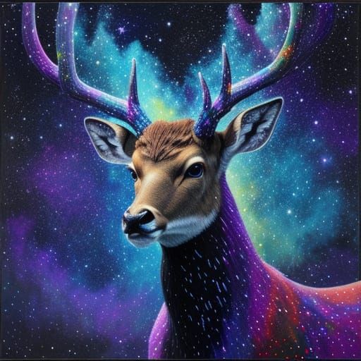Stardust Deer in Dreamlike World: Neo-Impressionist Acrylic