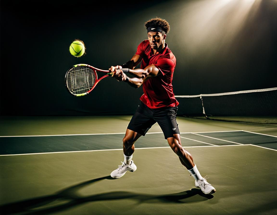 a man hitting a tennis ball with a racquet, photo in style o...