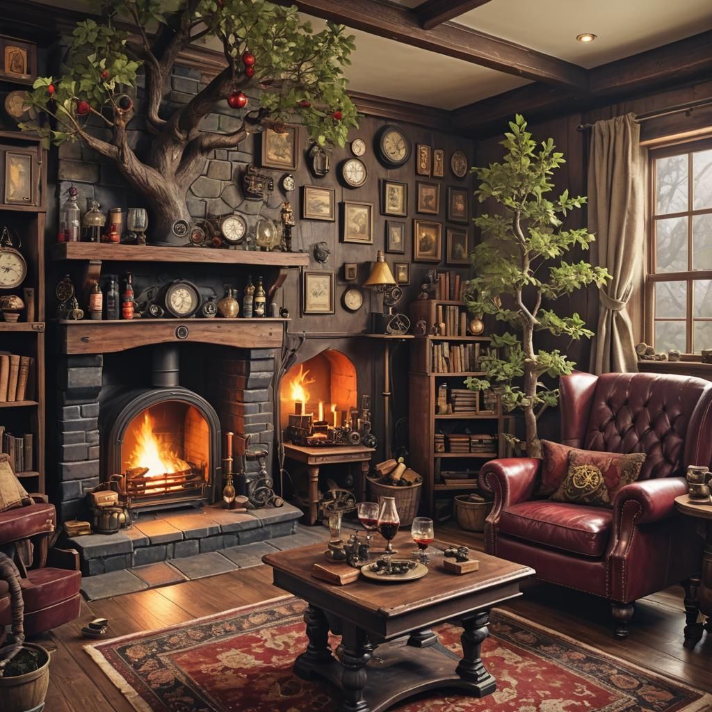 Cozy Cottage with Fireplace and Steampunk Engine