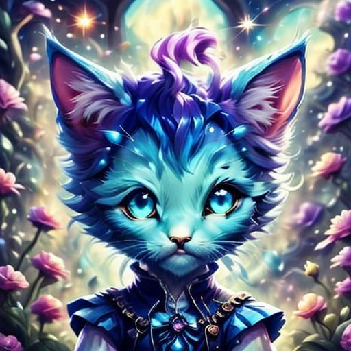 Whimsical Star-Crystal Feline Encounter in a Dreamlike Setti...