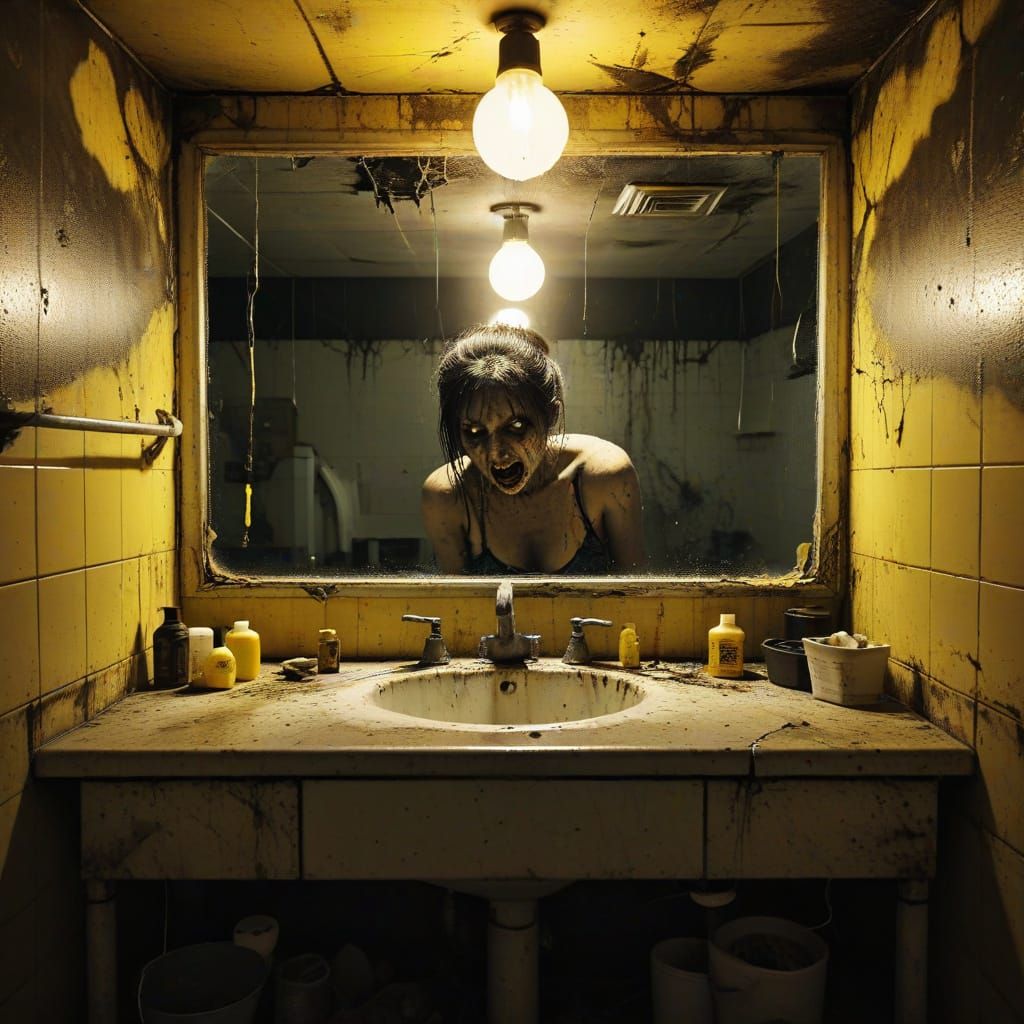 Ghoulish Transformation in Grungy Truck Stop Bathroom