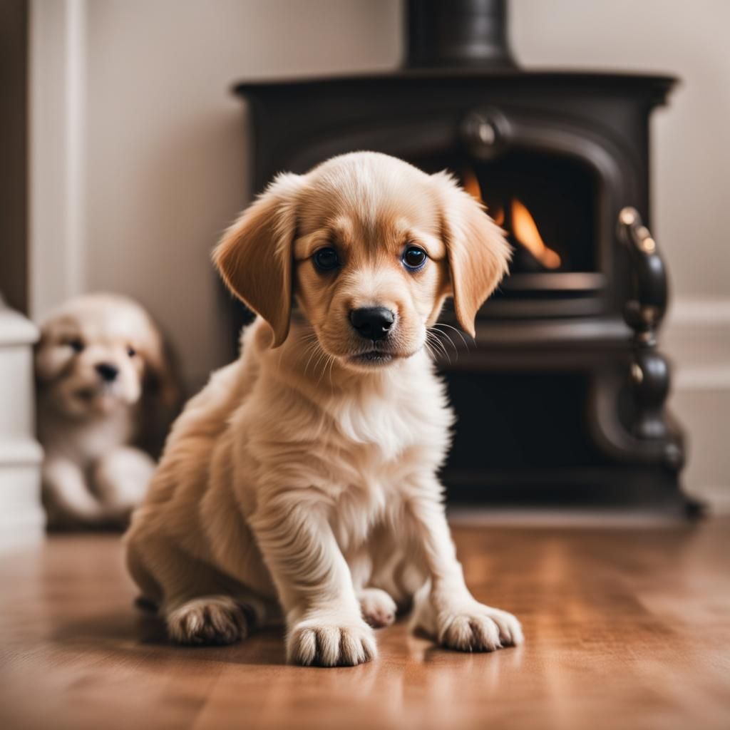 Cute Puppy Warm by Fireplace