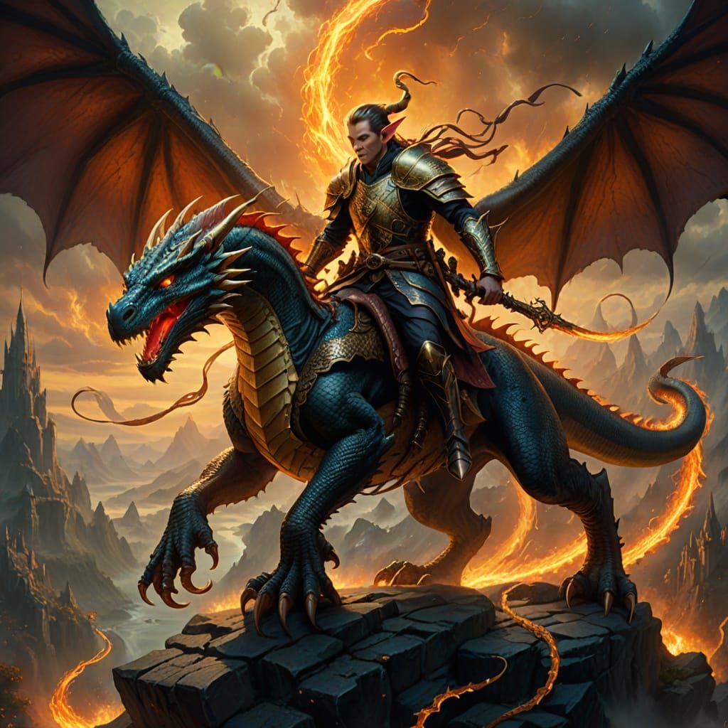 Epic Fantasy Dragon Rider in a Dark and Mysterious Realm